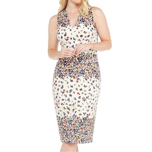 Maggy London Contrasting Floral Print‎ Deep V Neck Sheath Dress